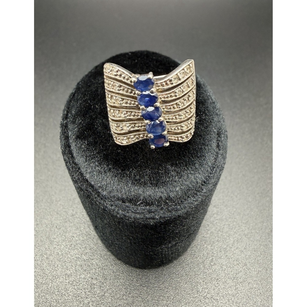 Vintage 925 Sterling Silver Blue Sapphire Topaz Wide Band Cocktail Ring Sz 5.75